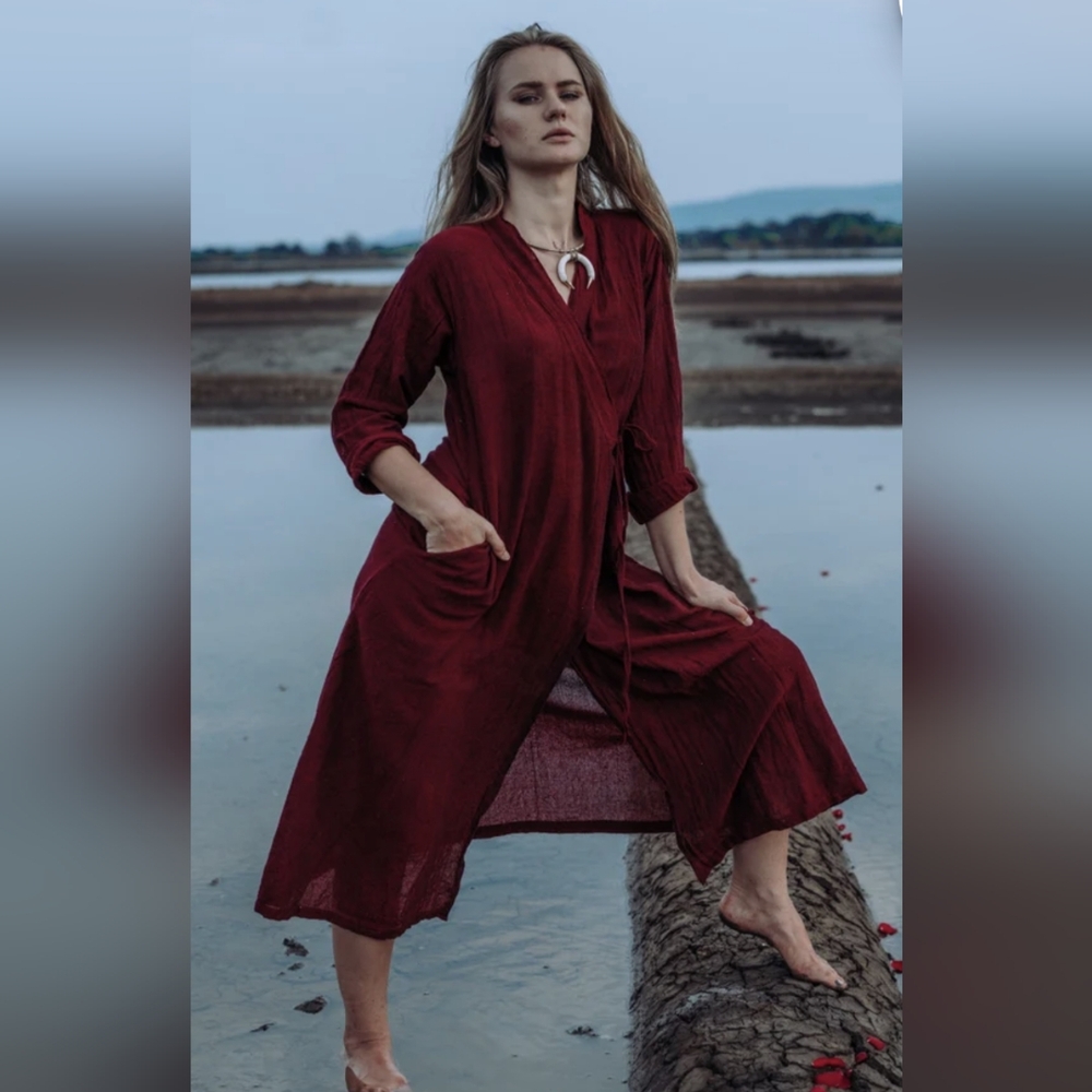 Handmade raw cotton wrap dress w pocket